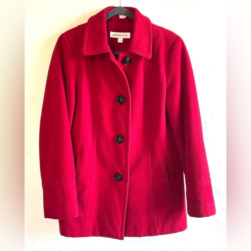 Liz Claiborne Vibrant Red Festive Warm Pea Coat with Black Buttons Sz L